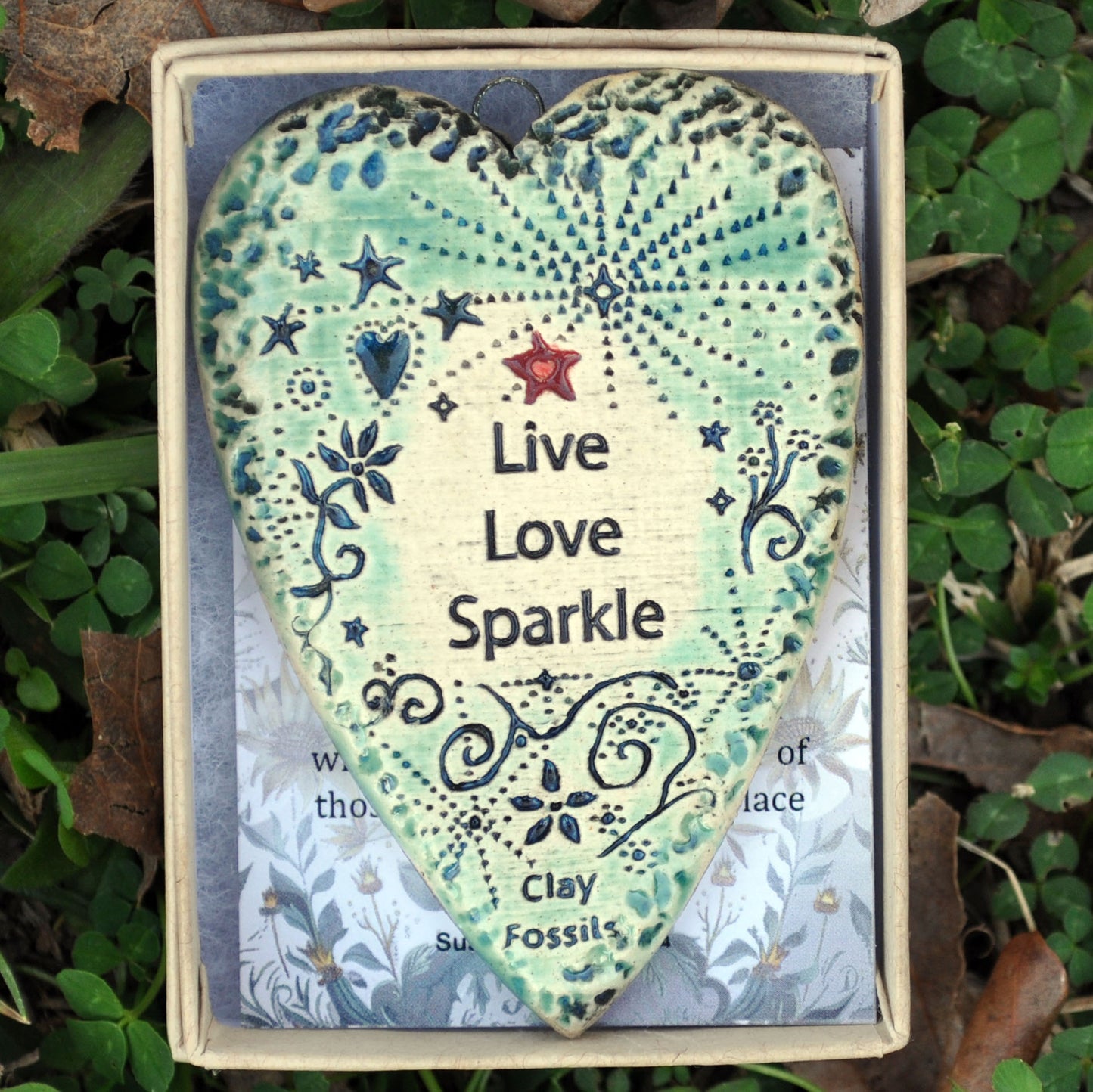 Clay Fossil Ornament, Live Love Sparkle, all occasion, birthday, boxed gift