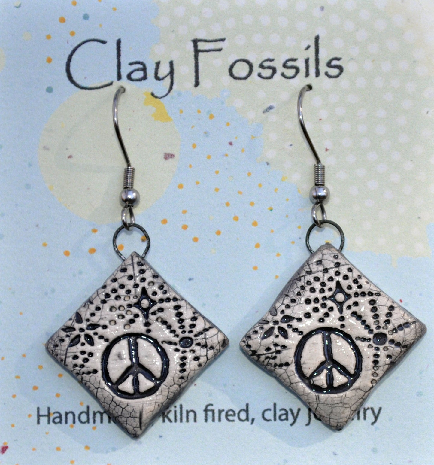 Earrings, Cosmic Peace, fired ceramic clay, USA handmade