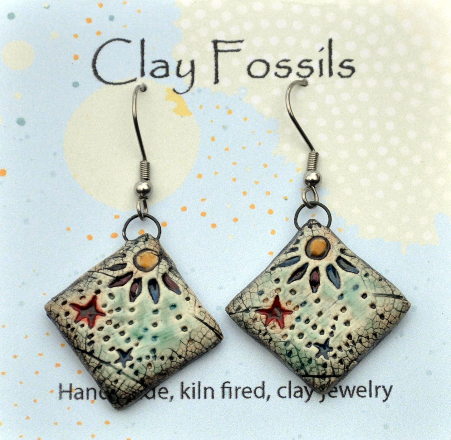 Earrings, Boho 1, fired ceramic clay, USA handmade