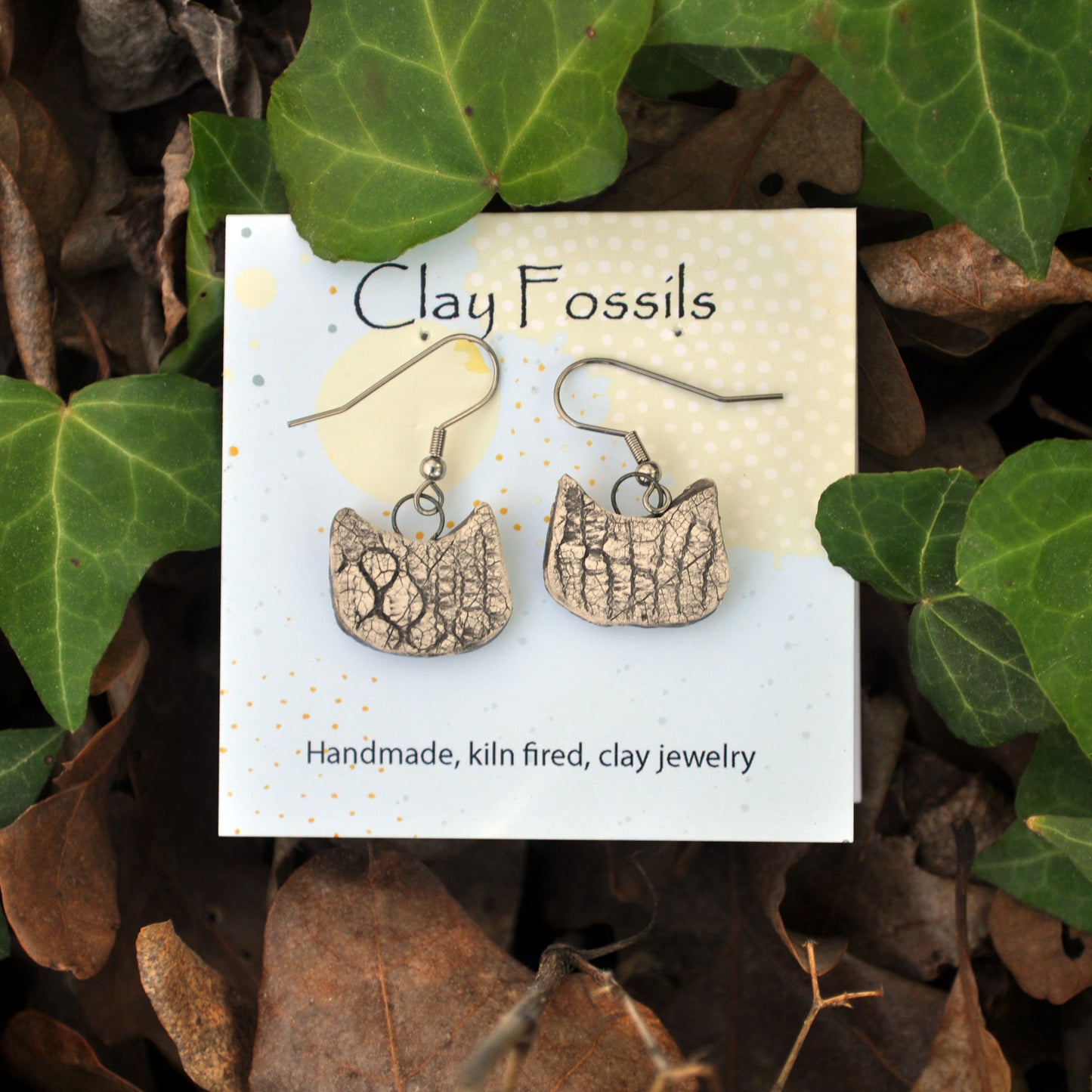 Earrings, Human Cat face, white, fired ceramic clay, USA handmade