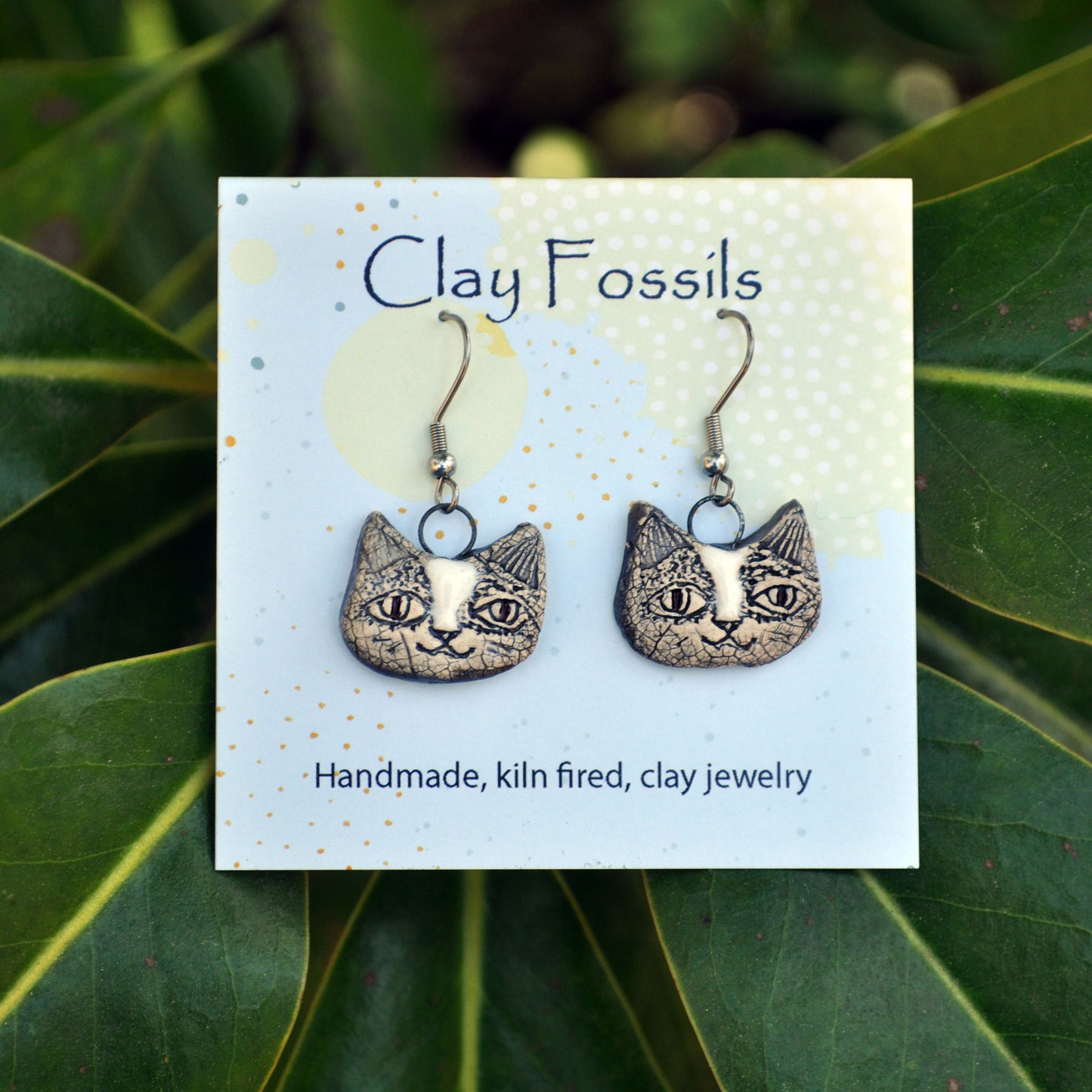 Earrings, Human Cat face, white, fired ceramic clay, USA handmade