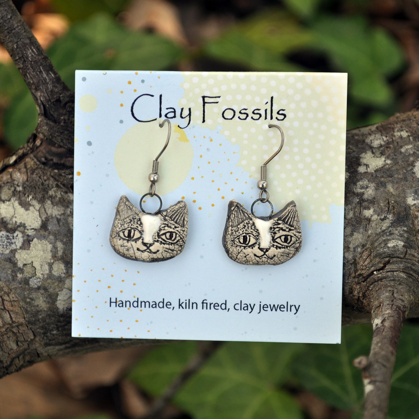 Earrings, Human Cat face, white, fired ceramic clay, USA handmade