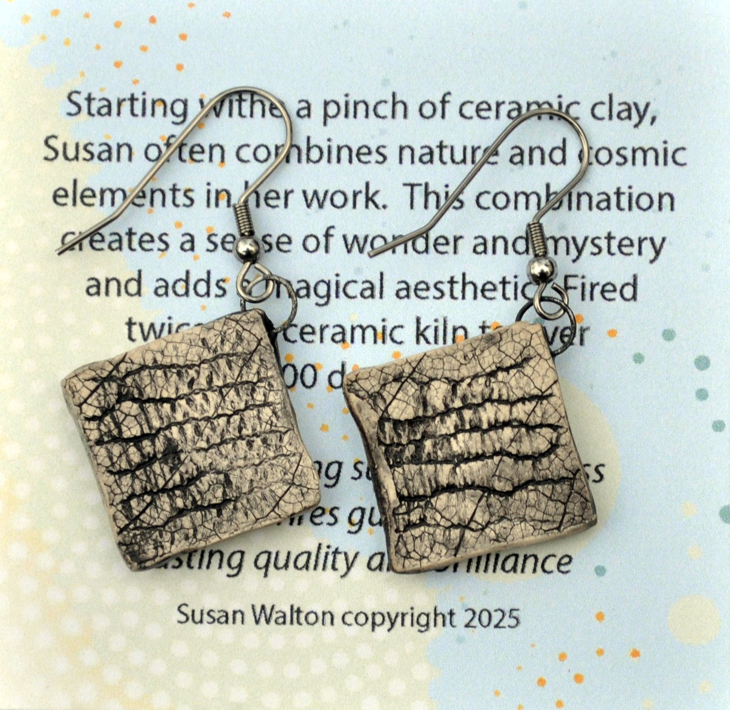 Earrings, Boho 1, fired ceramic clay, USA handmade