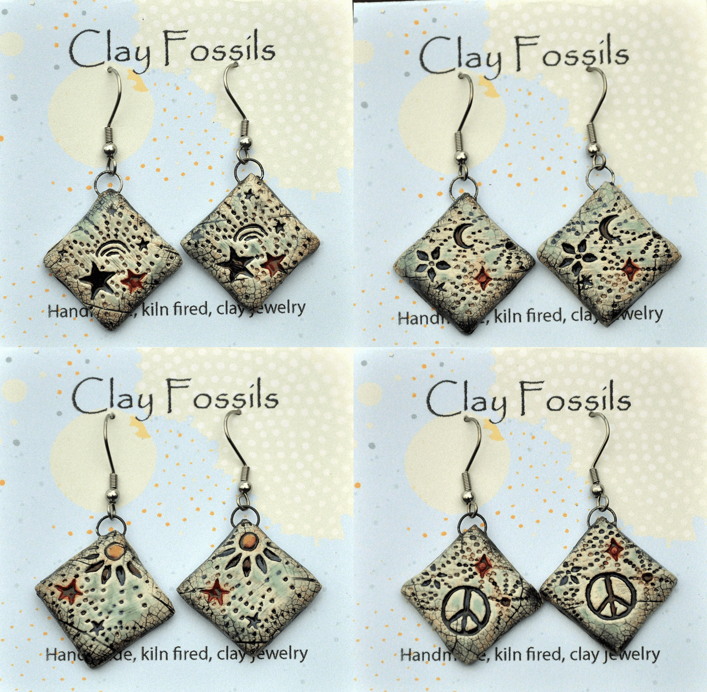 Earrings, Boho 1, fired ceramic clay, USA handmade
