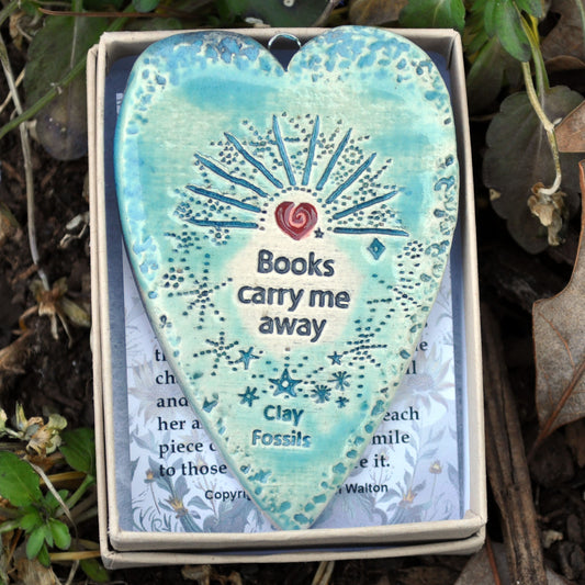 Clay Fossil Ornament, Books carry me away, bookstore, reading
