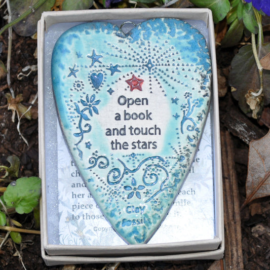 Clay Fossil Ornament, Open a book and touch the stars, education, bookstore, reading