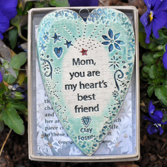 Clay Fossil Ornament, Mom, heart's best friend, mothers day, birthday, boxed gift