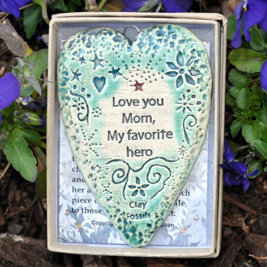 Clay Fossil Ornament, Mom, my favorite hero, mothers day, birthday, boxed gift