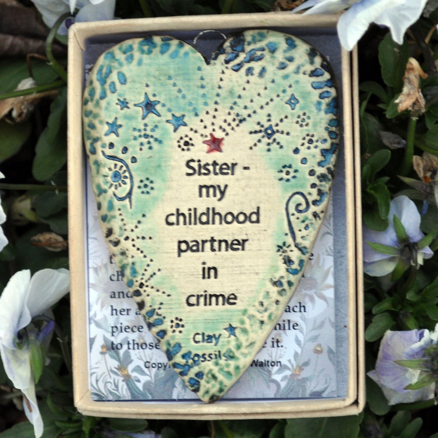 Clay Fossil Ornament, Sister, partner in crime, all occasion, birthday, boxed gift