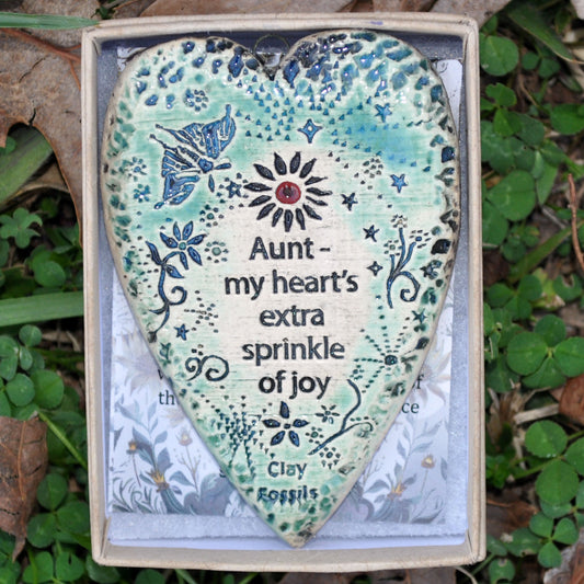 Clay Fossil Ornament, Aunt, my heart's extra, all occasion, birthday, boxed gift
