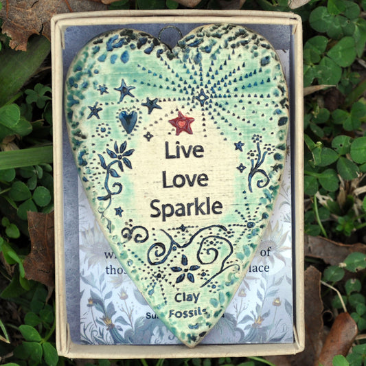 Clay Fossil Ornament, Live Love Sparkle, all occasion, birthday, boxed gift