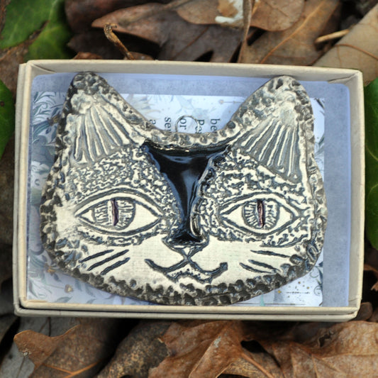 Clay Fossil Ornament, Black and white Cat Face