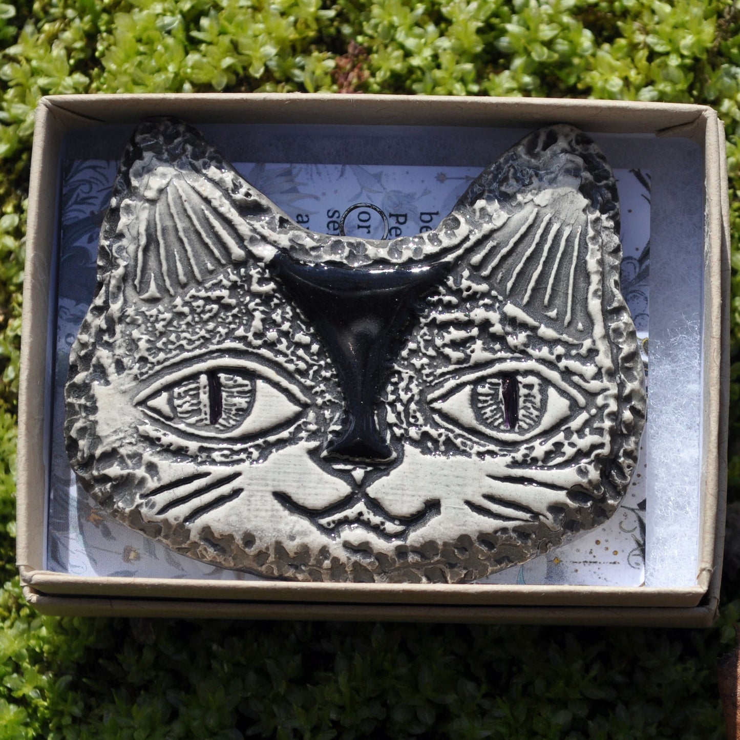 Clay Fossil Ornament, Black and white Cat Face