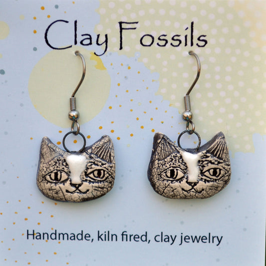 Earrings, Human Cat face, white, fired ceramic clay, USA handmade 